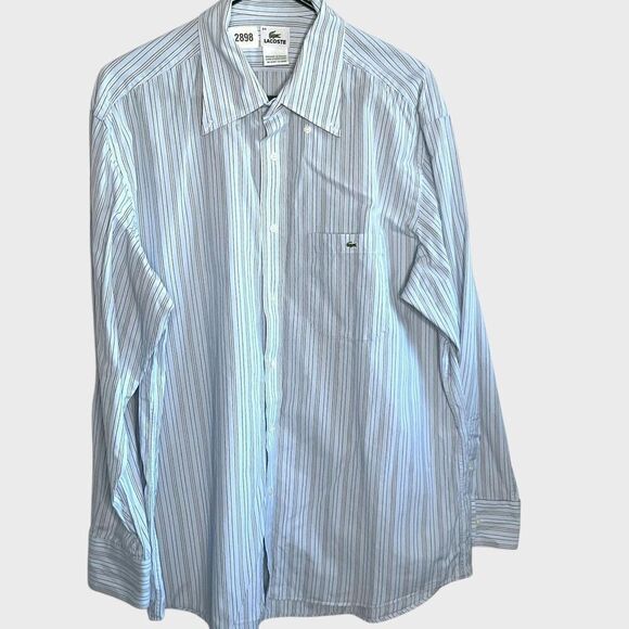 Lacoste Button Up Shirt Mens Size XL Grey Black Blue Striped Long Sleeve Logo - Picture 2 of 10